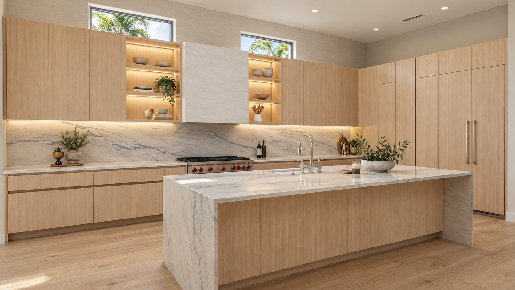 Kitchen with oak cabinetry and stone waterfall island