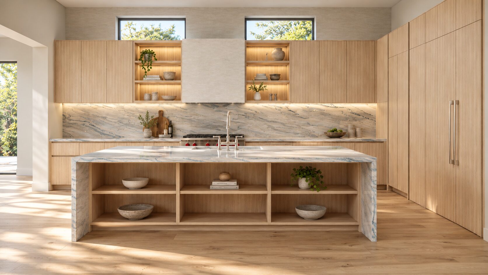 Island with open oak shelving