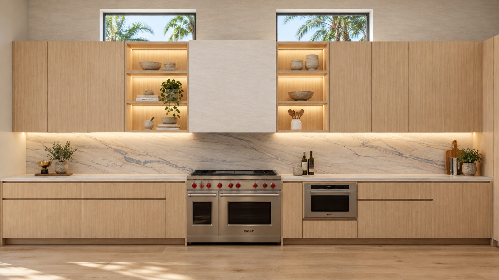 Range wall with Wolf range and stone backsplash