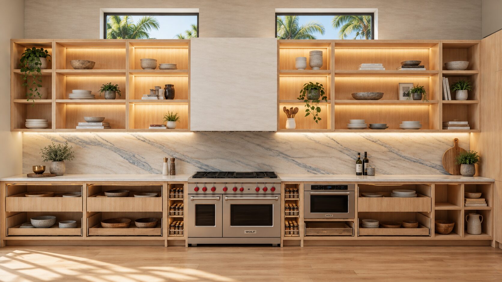 Range wall with open shelving and pull-out storage