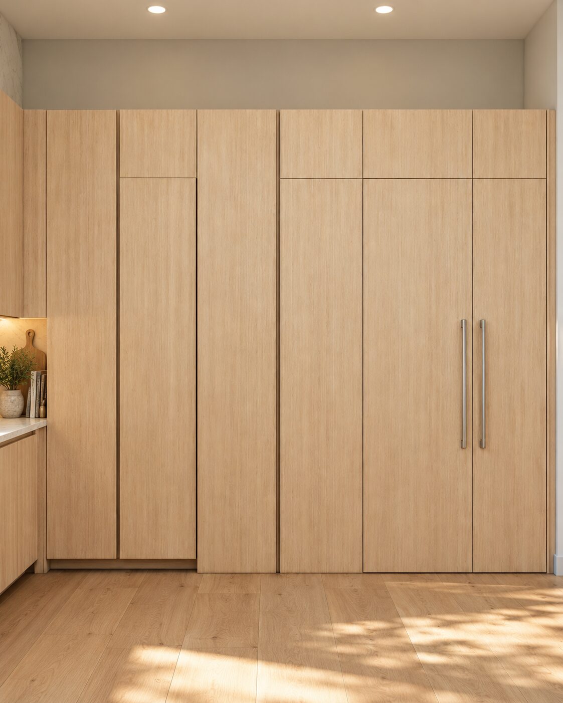 Floor-to-ceiling integrated oak panel wall