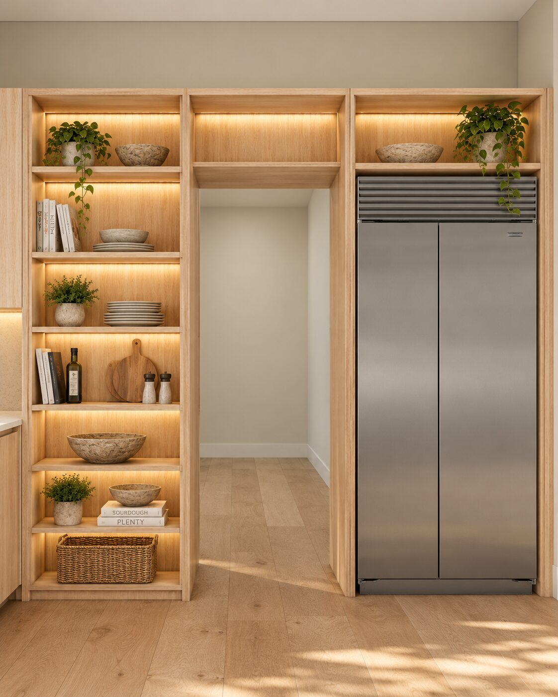 Lit oak shelving beside a built-in refrigerator