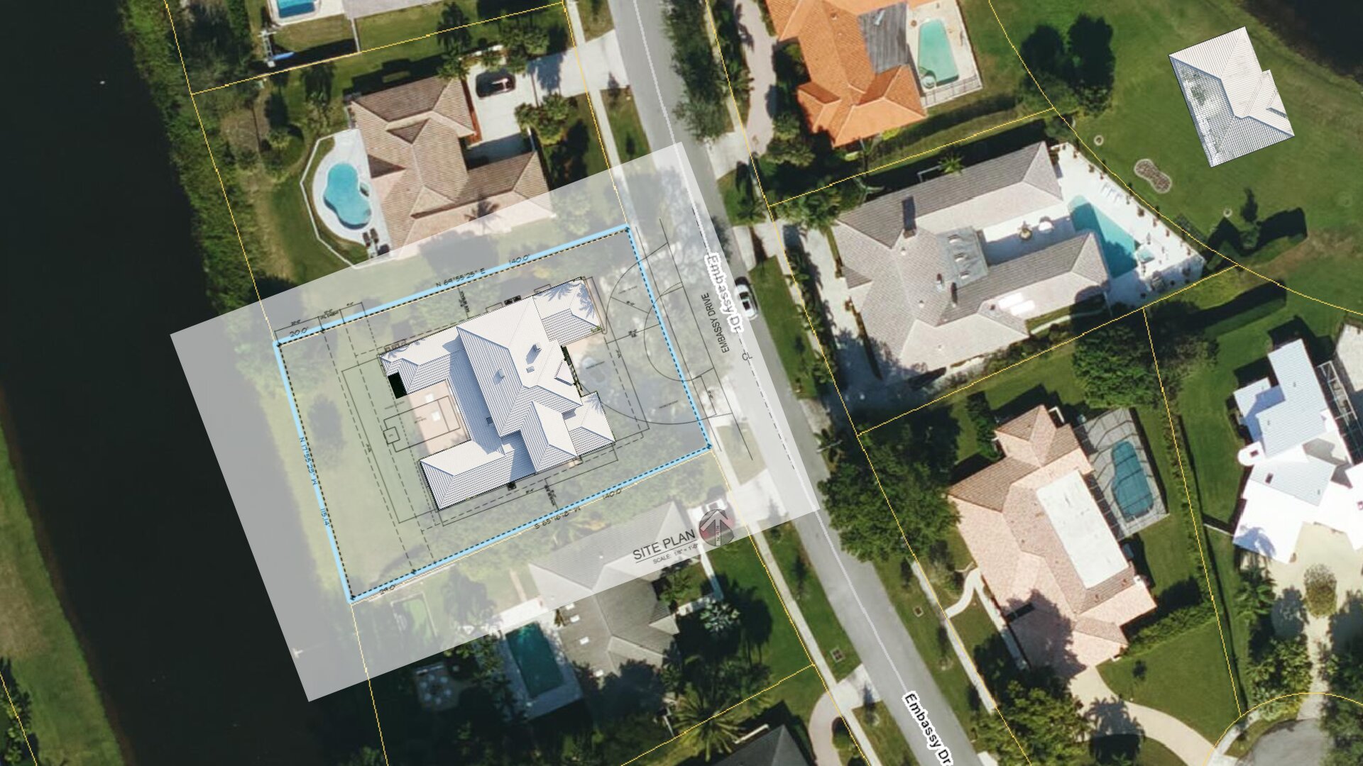 Site plan for Island House overlaid on an aerial view of its homesite on Embassy Drive